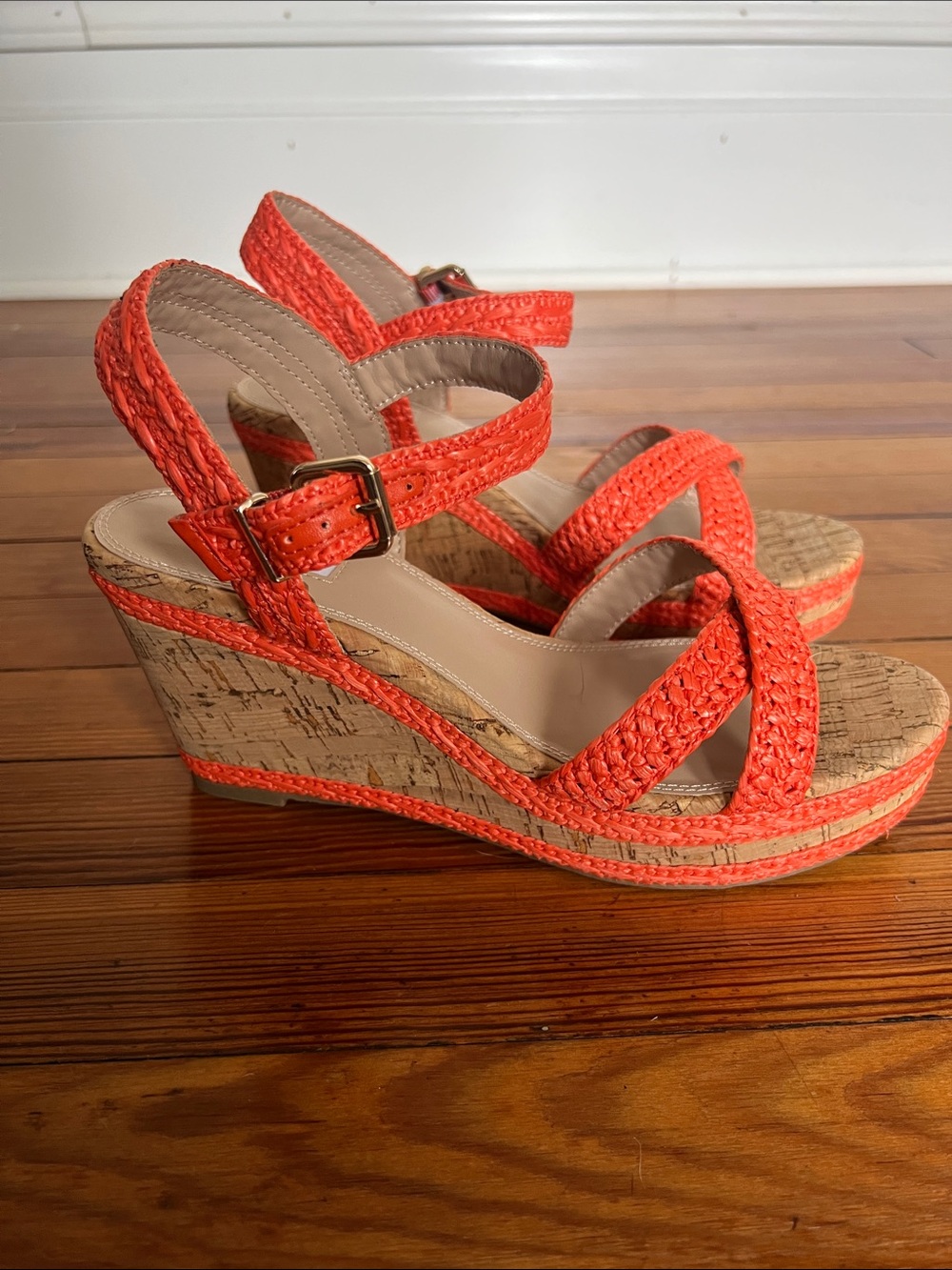 Dune London Orange Raffia Cork Wedge Sandals Strappy Ankle Buckle NIB Size 9